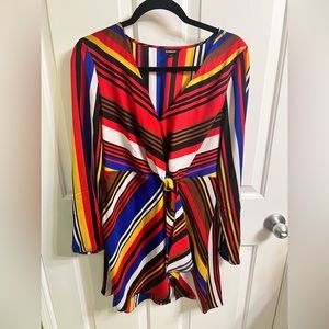 Express Red Colorful Striped Tie Front Faux Wrap Dress Size M